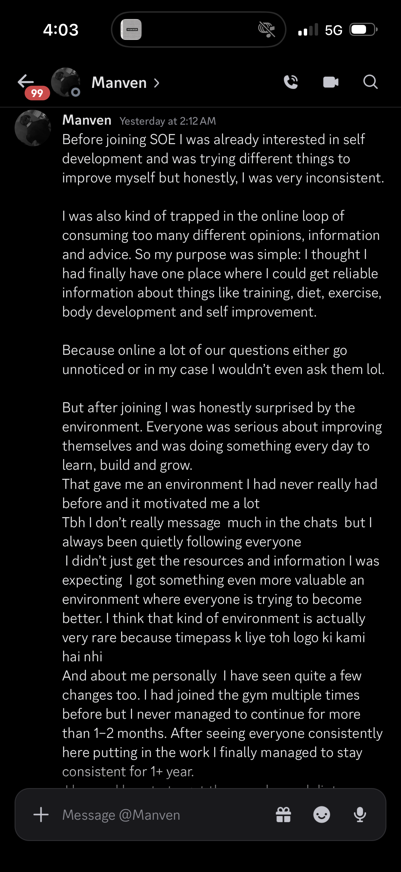 Manven testimonial about the community