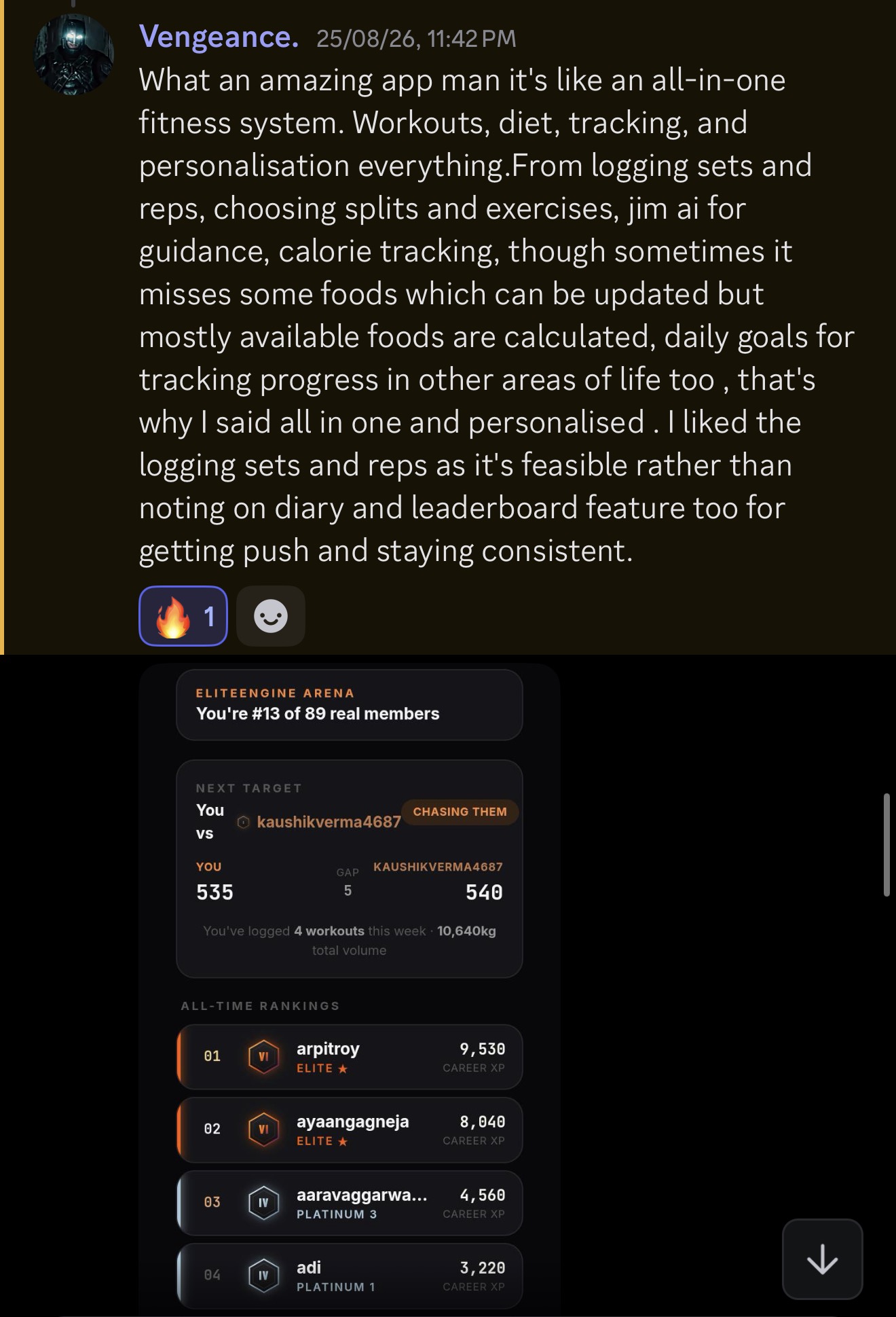 Vengeance testimonial and real EliteEngine Arena leaderboard ranking